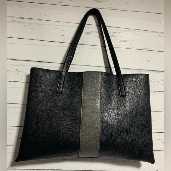 Vince Camuto Black Pebbled Leather Tote Bag with Gray Stripe, 16”x11”x0.5”, 9” - Picture 1 of 11